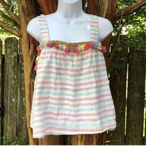 Honey Punch Striped Beaded Tassel Lined Tank